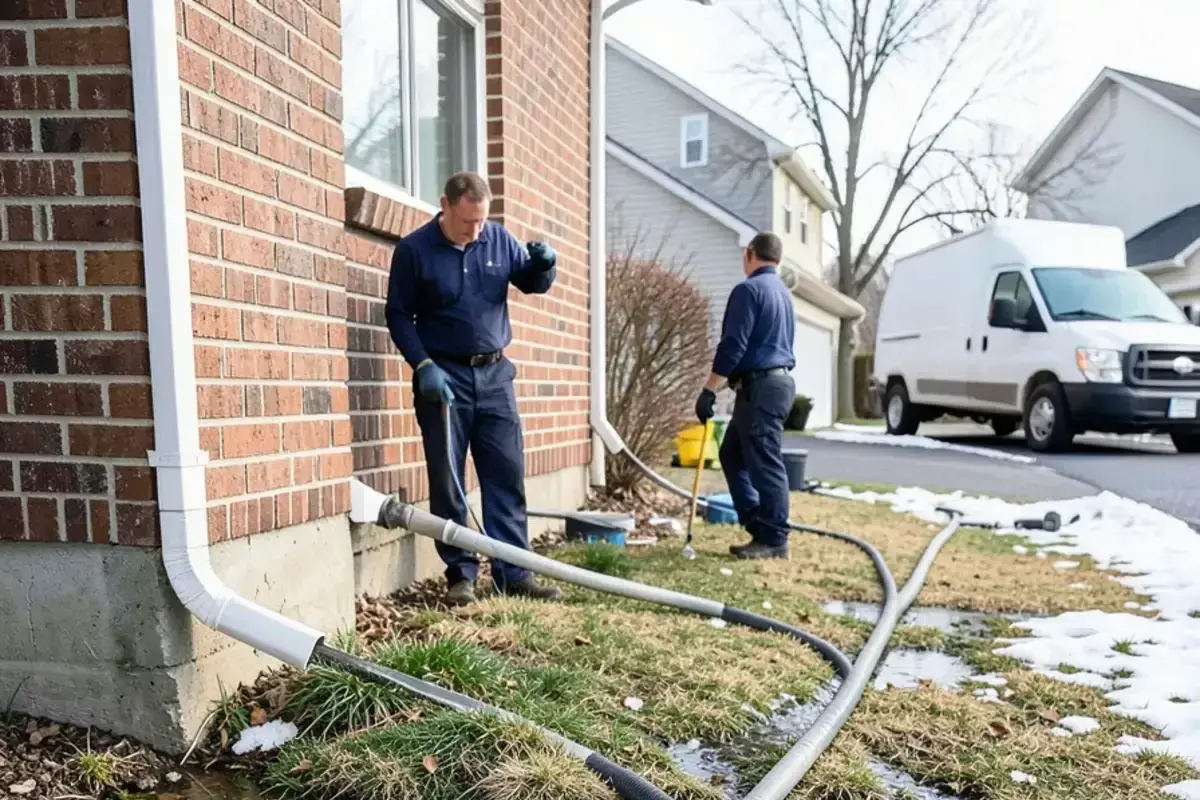 Downspout with a long extension carrying meltwater away from a house over thawing lawn