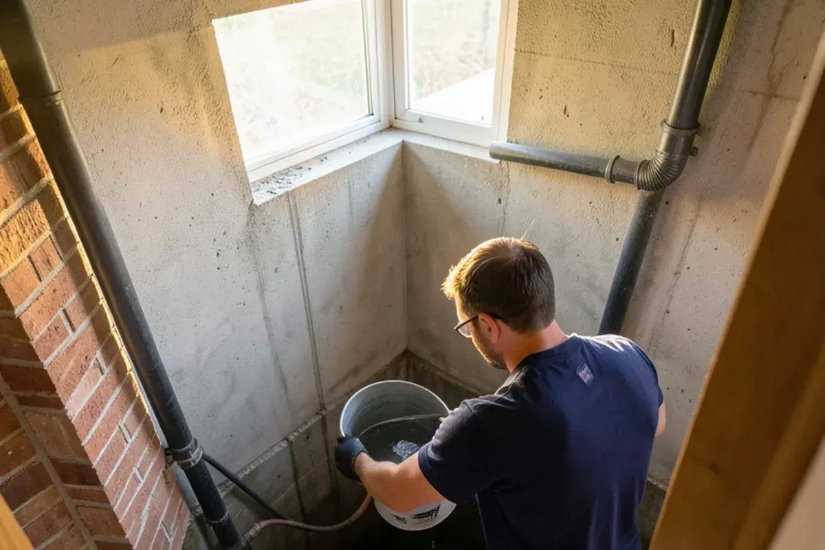 Plumber pouring a bucket of water into a sump pit to test that the pump starts
