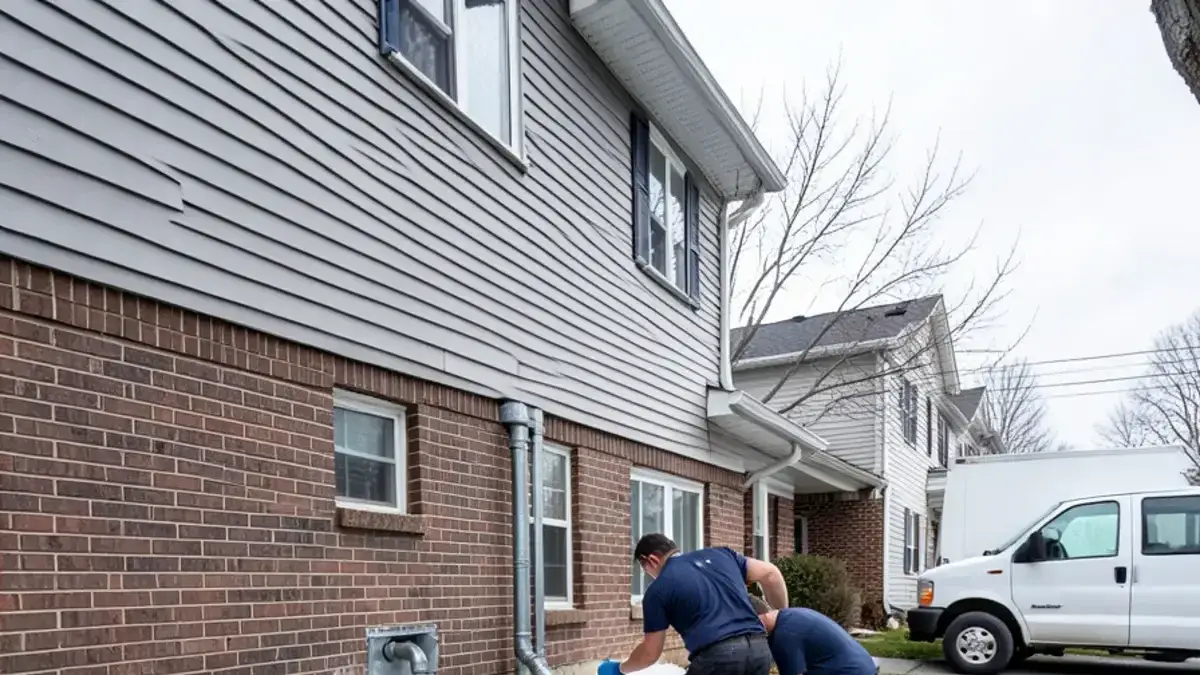 Melting snowbank against the foundation of a Macomb County home with a damp basement window well in early spring