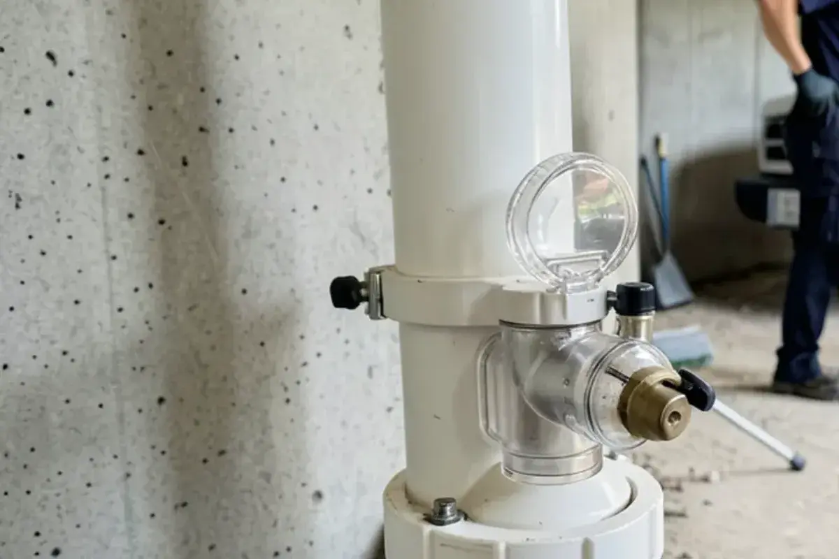 Clear-body check valve on a white PVC sump discharge pipe above the pit