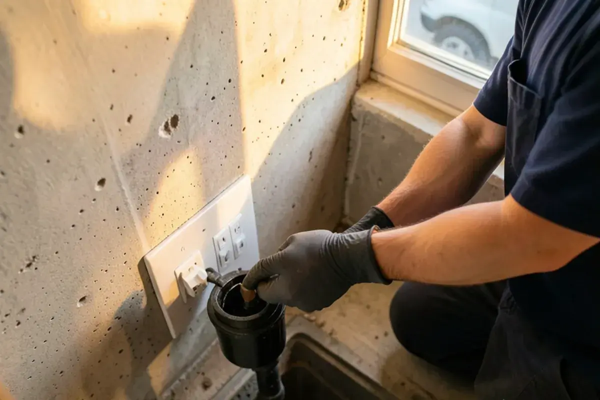 Gloved hand unplugging a sump pump cord from a GFCI outlet above the pit