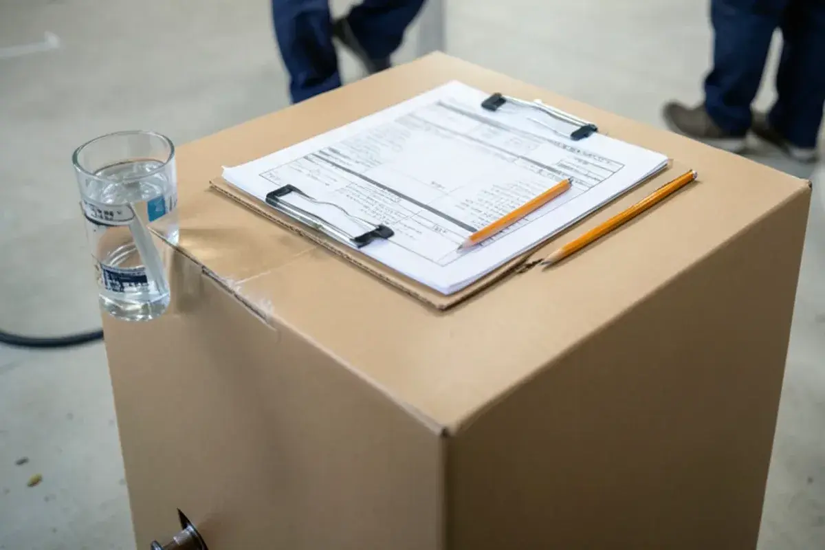 Tankless water heater spec sheet with flow rates listed by temperature rise on a clipboard