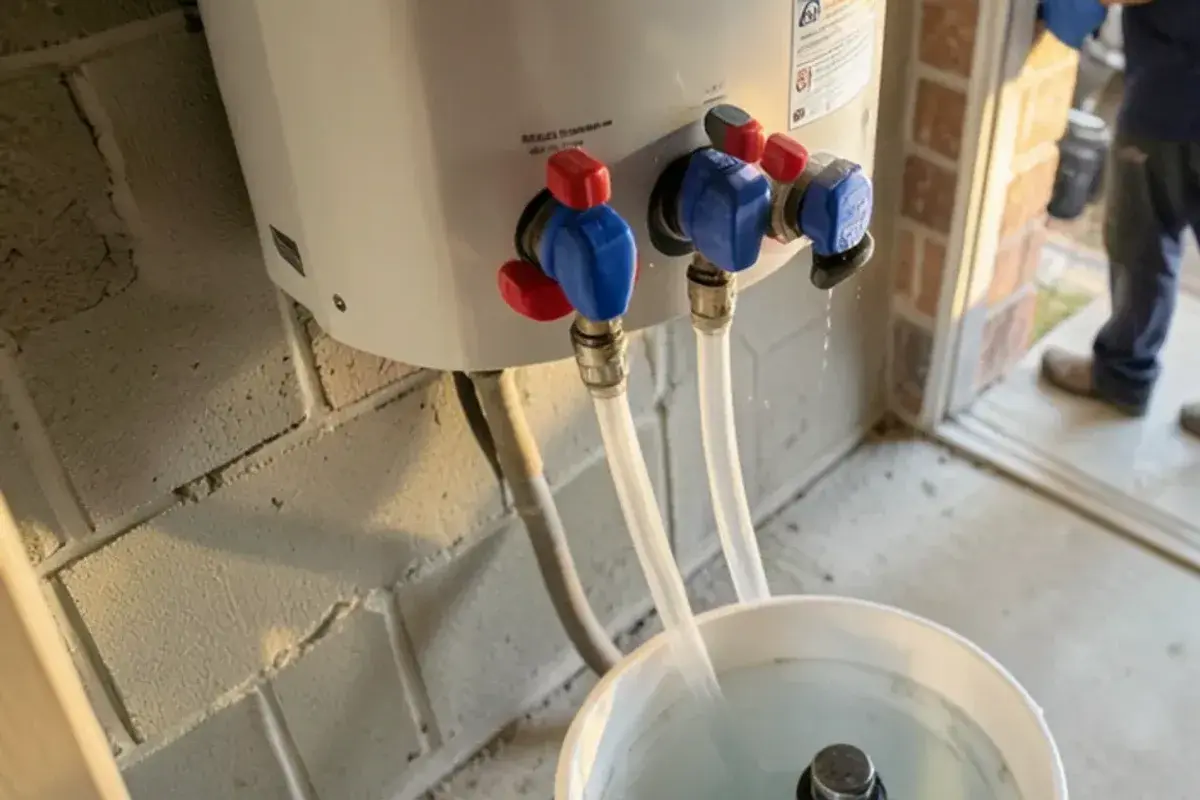 Tankless water heater isolation valves connected to a pump and bucket during descaling