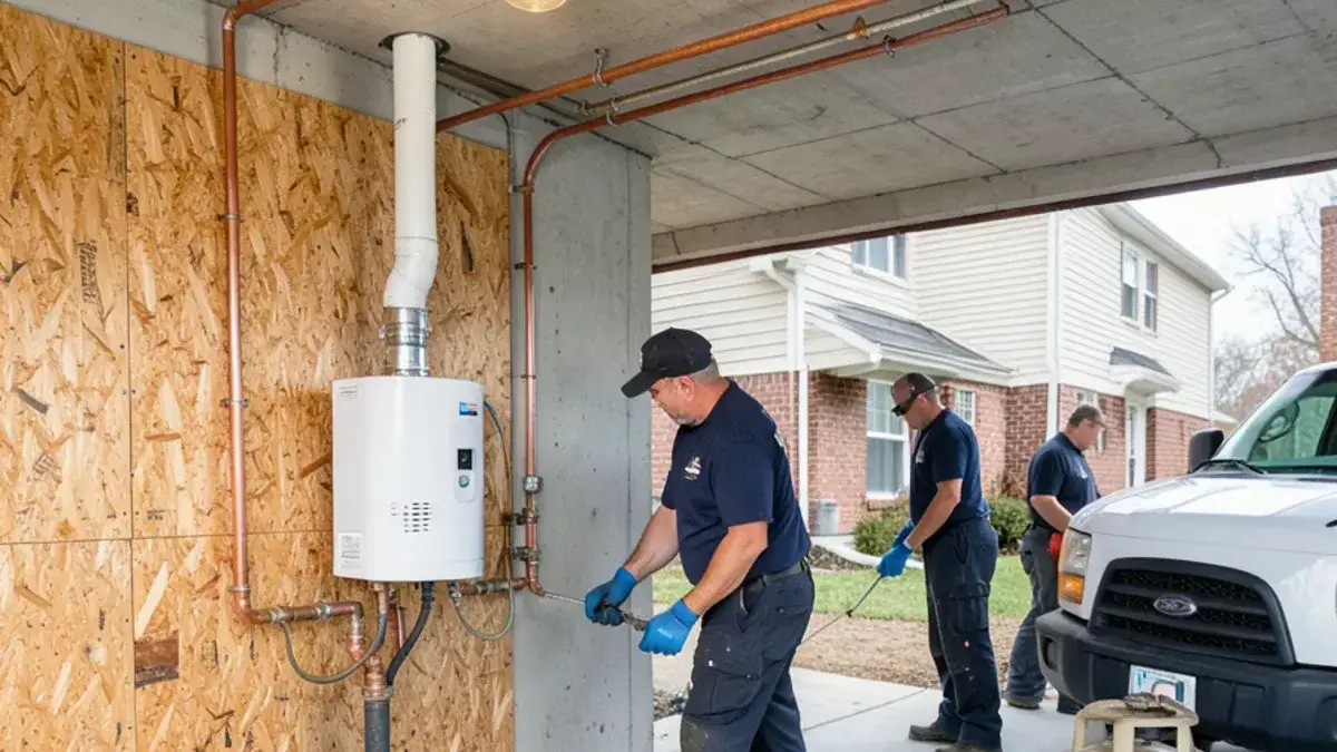 Wall-mounted gas tankless water heater beside an older 50-gallon tank in a Michigan basement