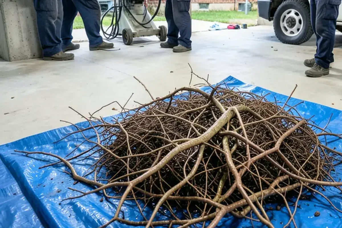 Tangled mat of fine tree roots pulled from a sewer lateral lying on a tarp beside a drain machine