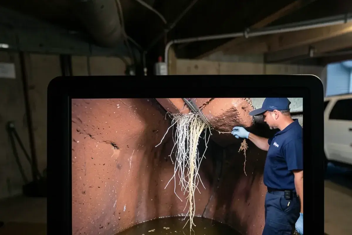 Sewer camera screen showing roots growing through a joint in an old clay pipe