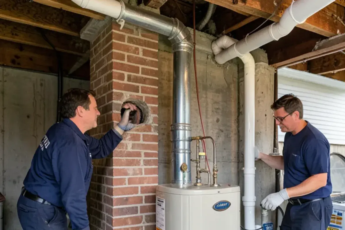 Gas water heater vent connector entering a masonry chimney beside a furnace that now vents through plastic pipe