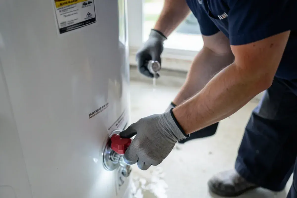 Hand turning the gas control dial on a basement water heater to the pilot setting beside a wet floor