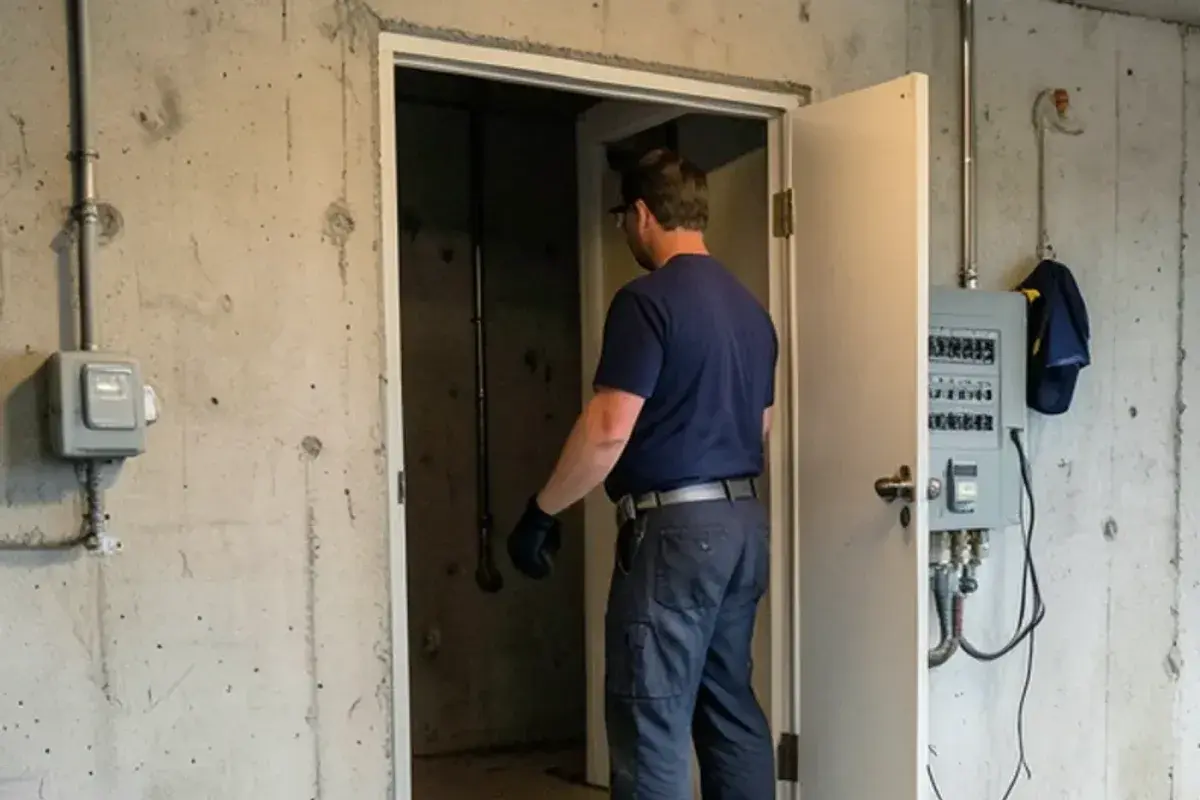 Basement breaker panel with the door open, reached from a dry stretch of floor away from standing water