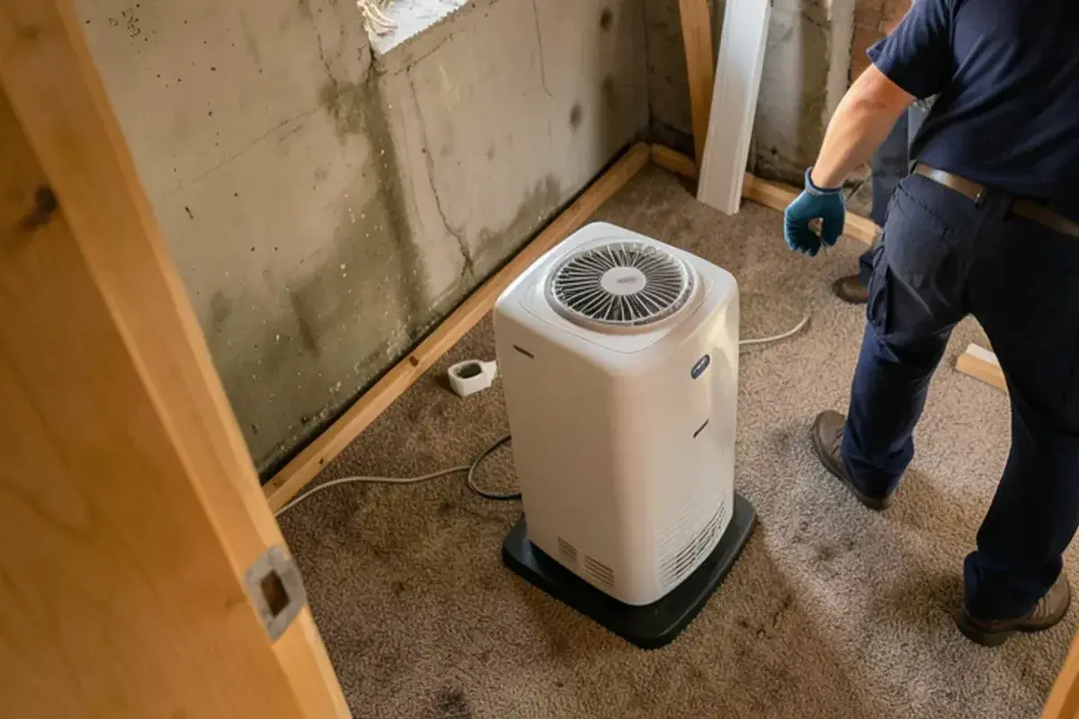 Dehumidifier and two air movers drying a basement after a burst pipe, with carpet pulled back