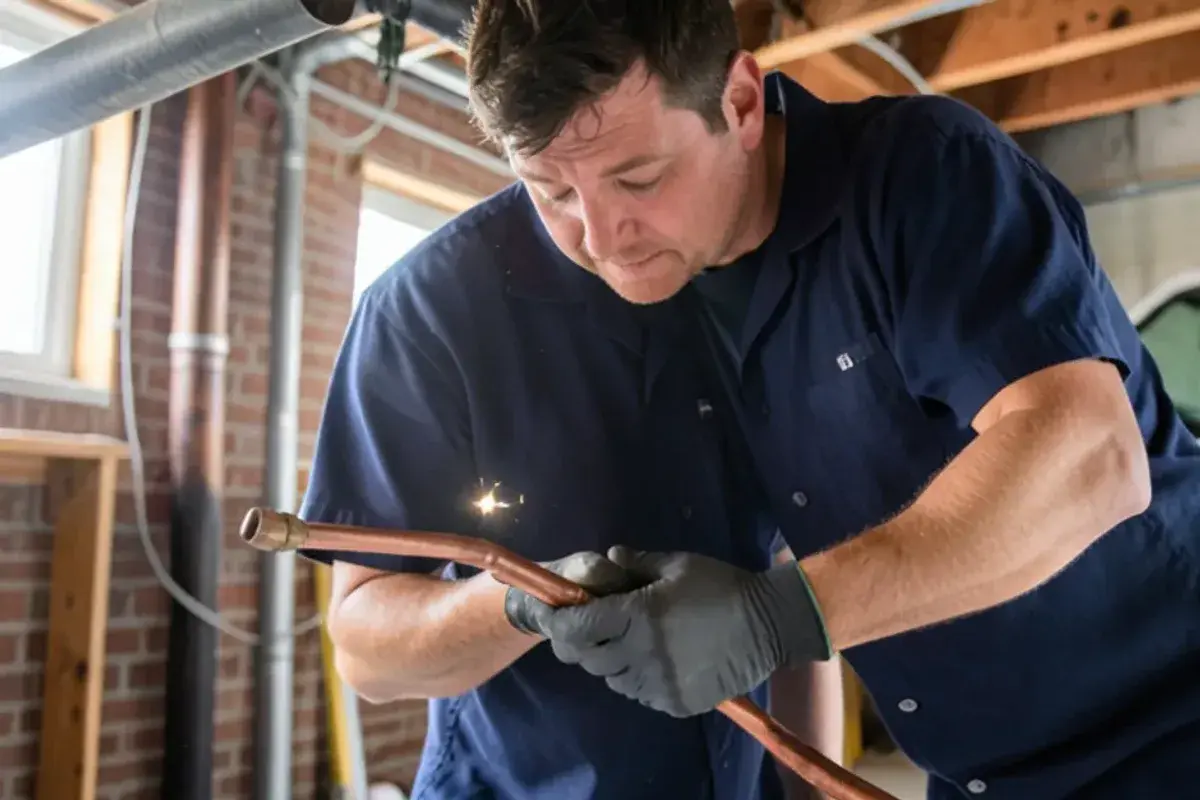 Plumber in a navy shirt fitting a new copper section where a burst pipe was cut out