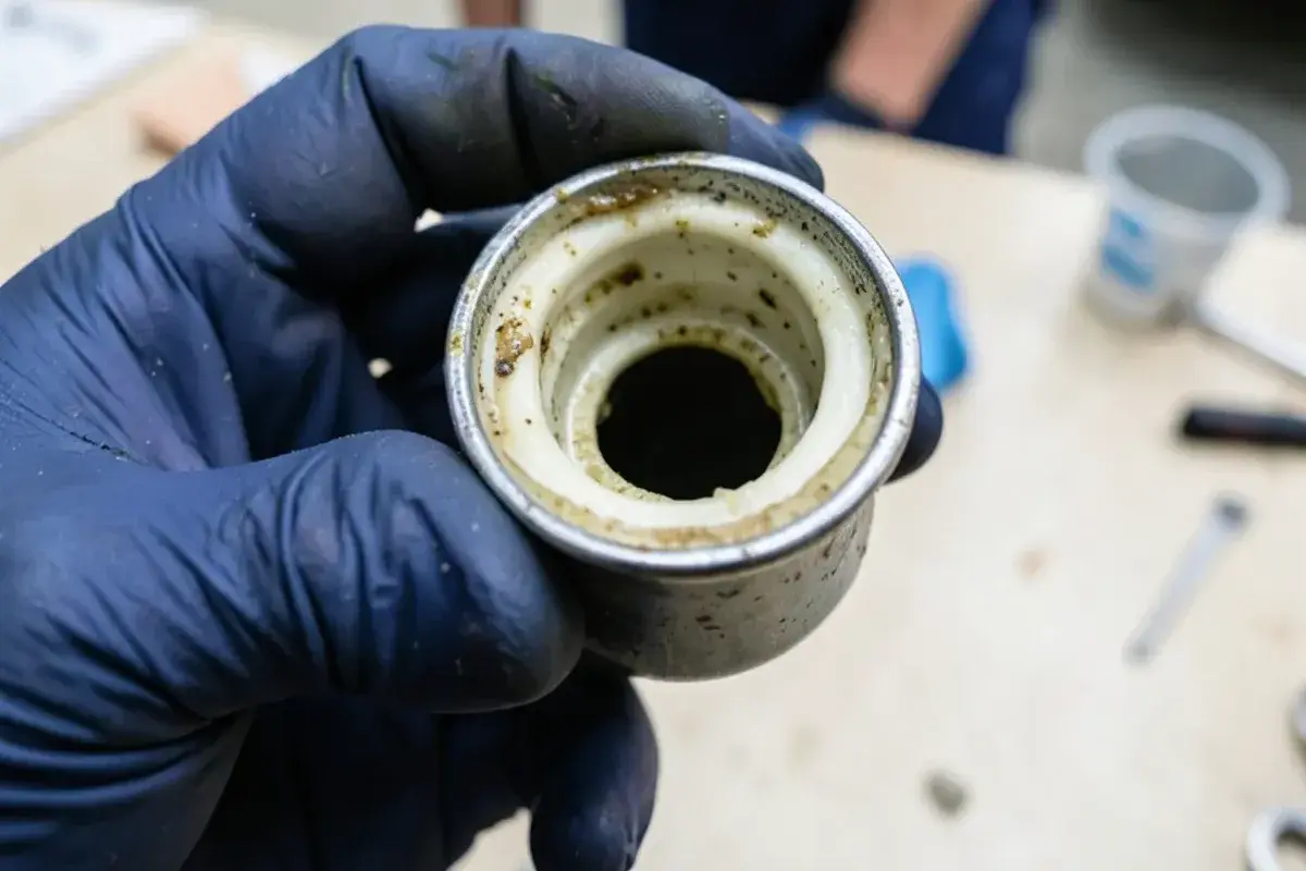 Cut section of kitchen drain pipe with a thick ring of hardened grease narrowing the opening