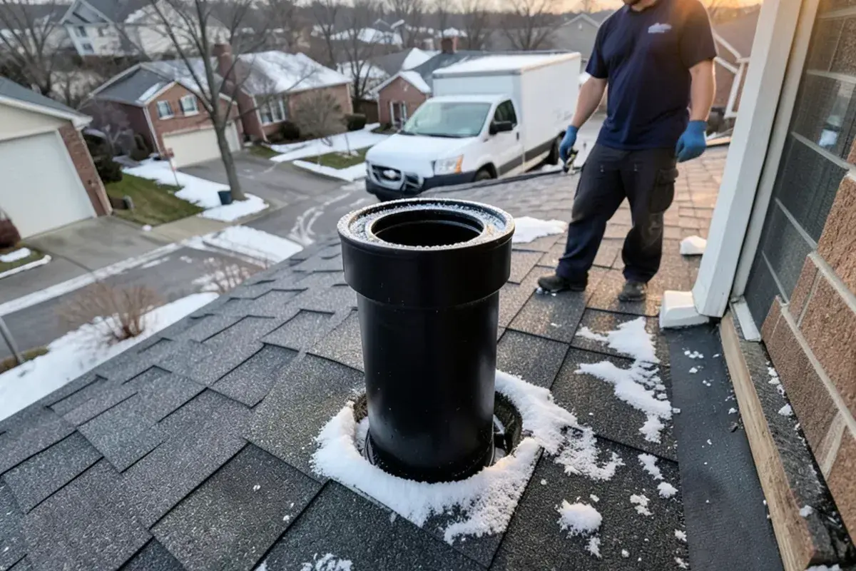 Plumbing vent pipe on a shingled roof with a ring of frost around the opening in winter