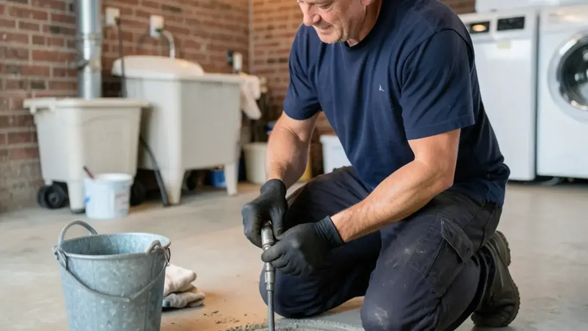 Plumber feeding a drain cable into a basement floor drain to clear a recurring clog in a Macomb County home