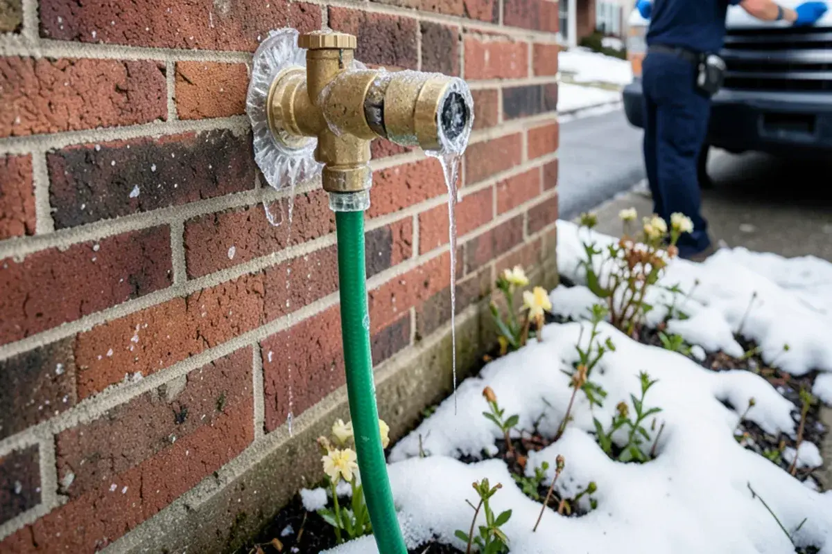 Split outdoor spigot with ice on brick siding after a hard freeze