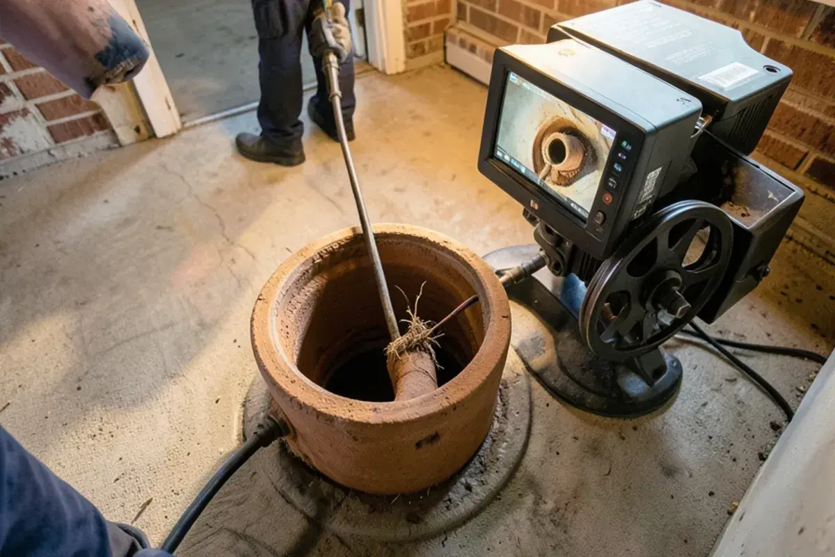 Sewer camera monitor showing the inside of a clay sewer pipe at a basement cleanout