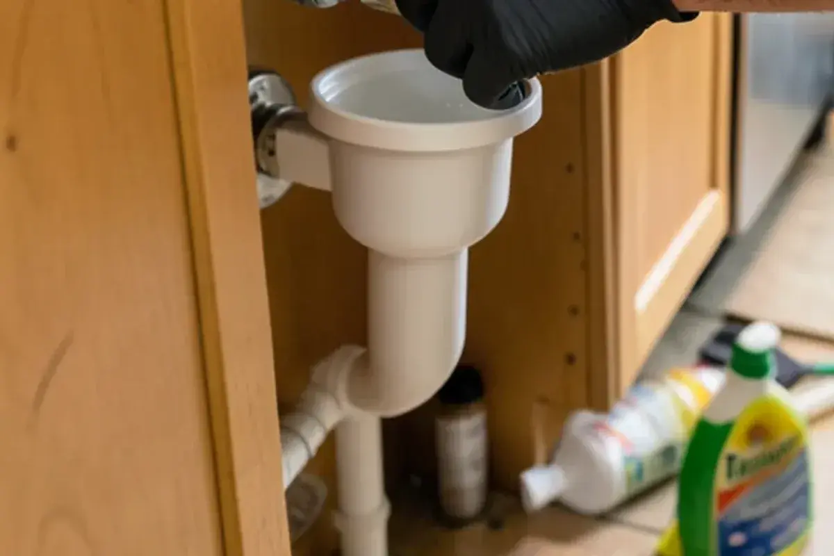 Plumber installing a new P-trap under a kitchen sink