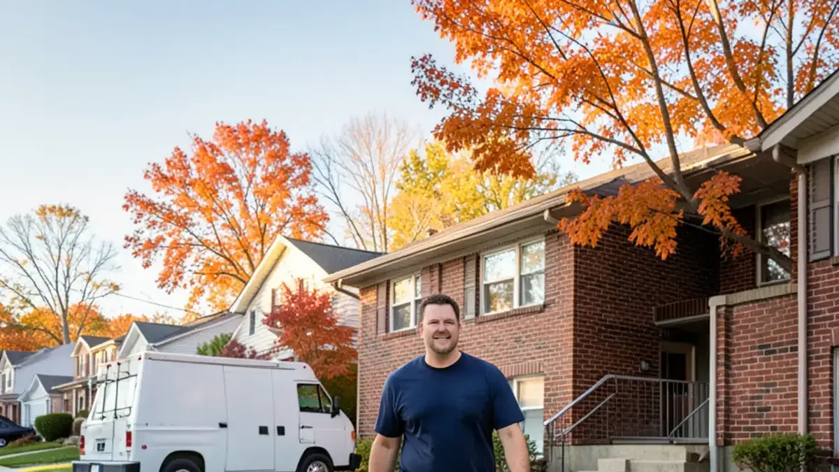 Plumber in a navy work shirt carrying a tool bag up the driveway of a Macomb County brick ranch home