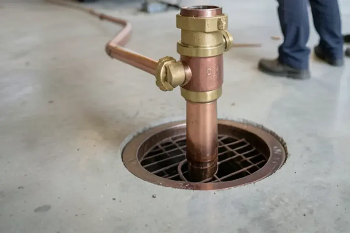 RPZ backflow assembly with its relief port discharging over a floor drain