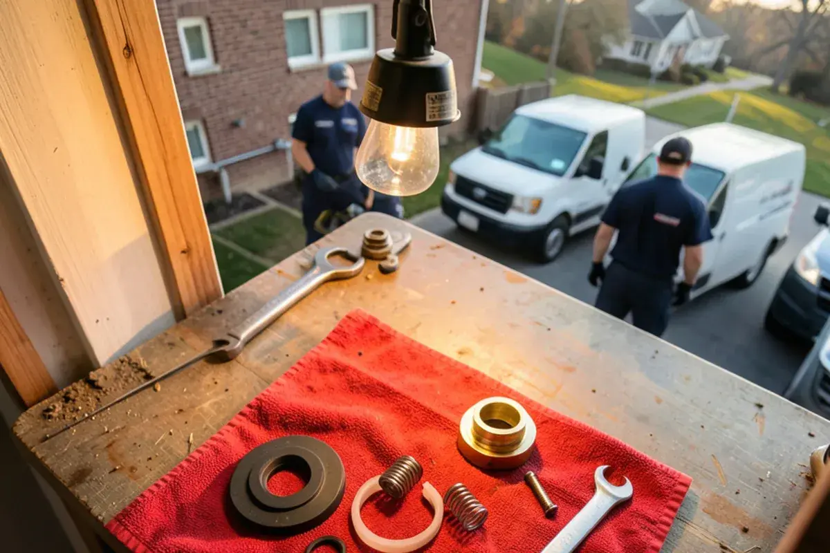 Rubber check valve discs, springs and seats from a backflow assembly rebuild kit laid out on a shop towel