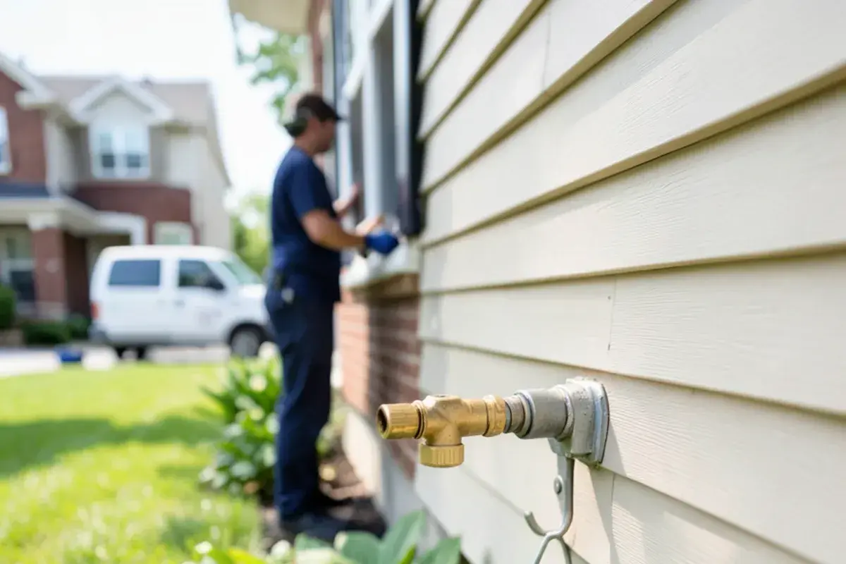Outdoor hose bib with a threaded vacuum breaker attached on vinyl siding