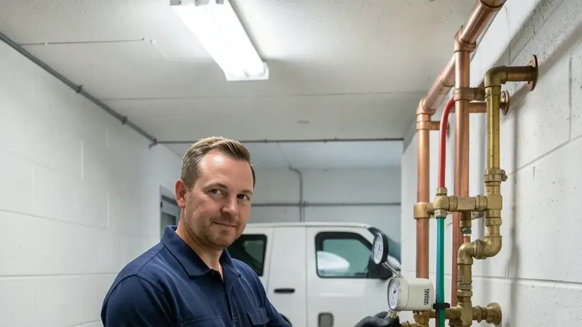 Backflow tester's differential pressure gauge hooked to the test cocks of a brass RPZ assembly in a Macomb County mechanical room