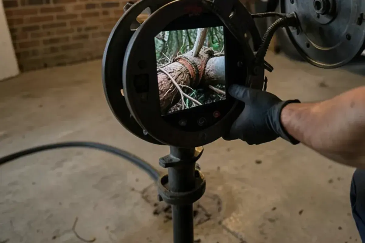 Sewer camera monitor beside a basement cleanout showing roots at a clay pipe joint in the lateral