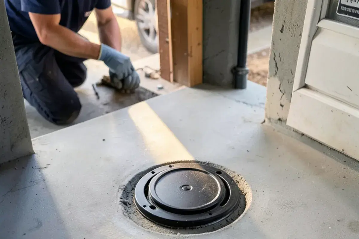 Finished backwater valve access cover set flush in a new concrete floor patch in a basement