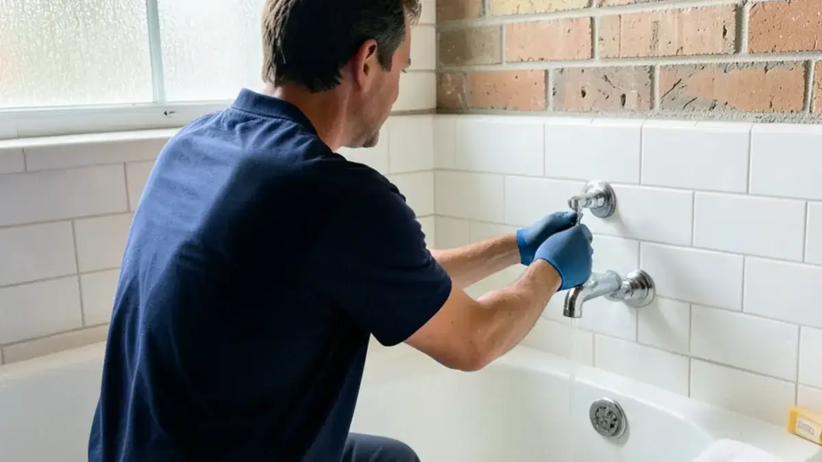 Plumber pulling a cartridge from a single-handle valve in a tiled tub-shower during shower plumbing work in Macomb, MI