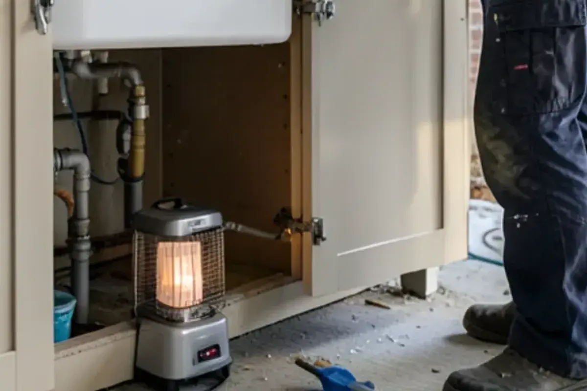 Small heater blowing warm air into an open kitchen sink cabinet on an exterior wall to thaw a frozen line