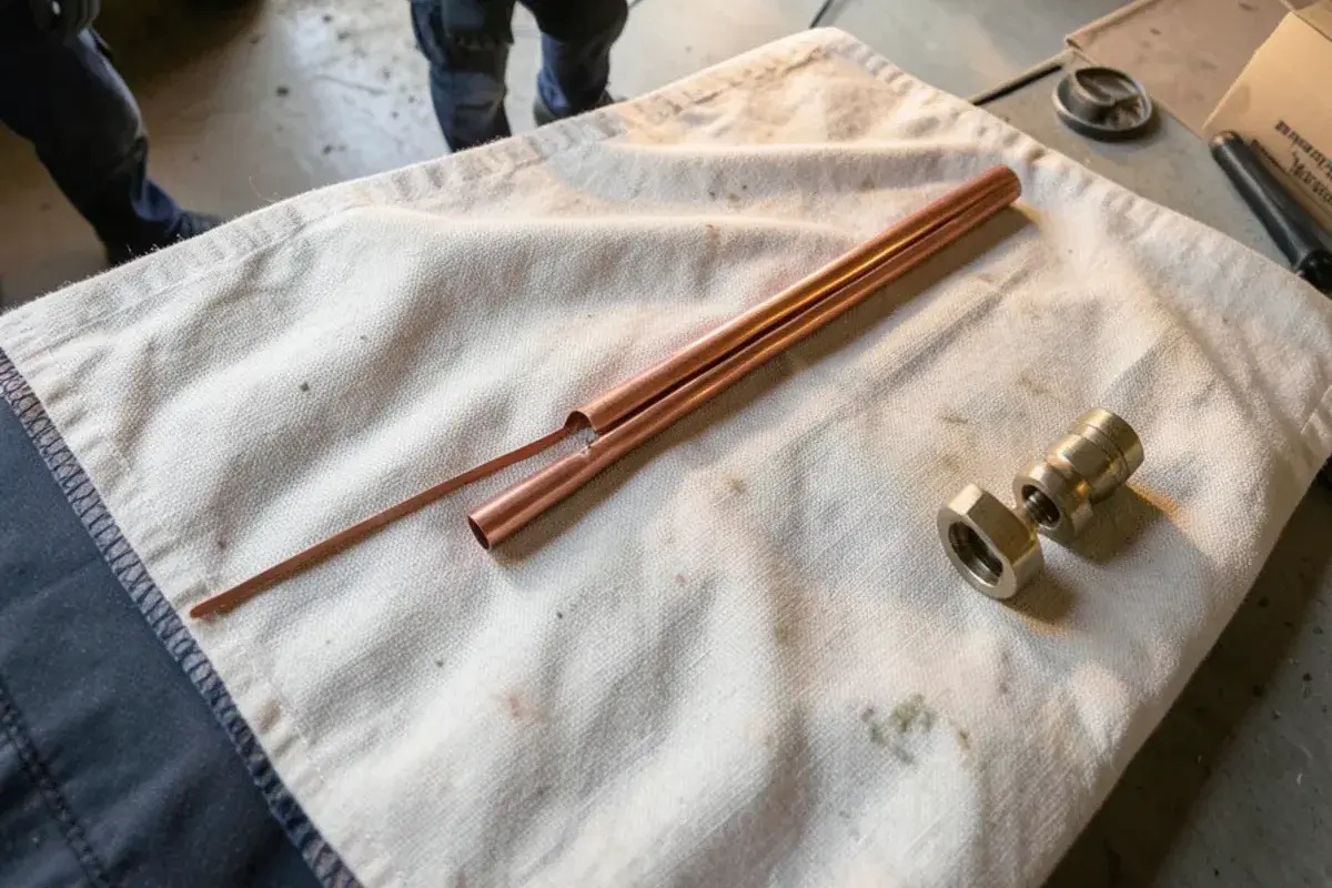 Section of split copper pipe cut out after a freeze, lying on a drop cloth beside its replacement