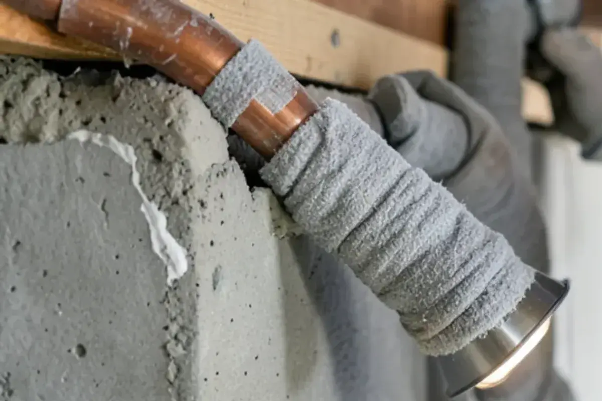Foam pipe insulation fitted over water lines running along a basement rim joist