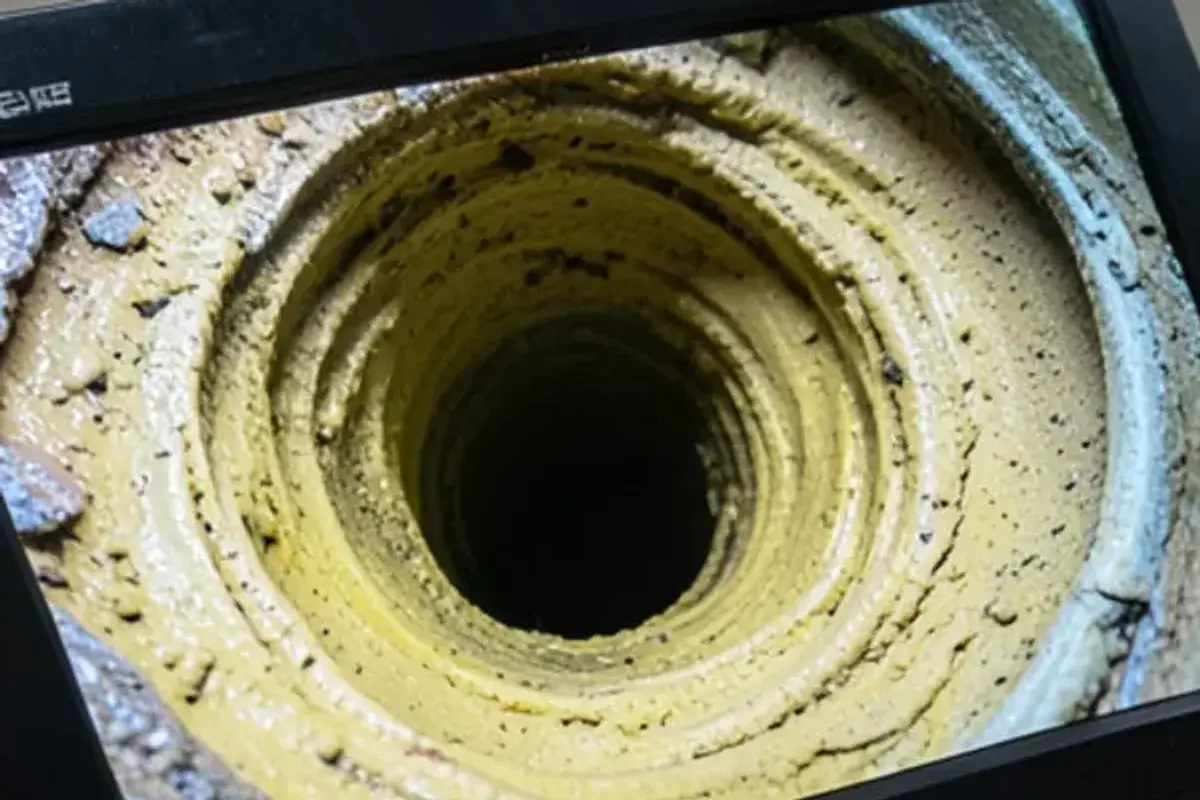 Inspection camera monitor showing a drain pipe wall thickly coated with grease before jetting