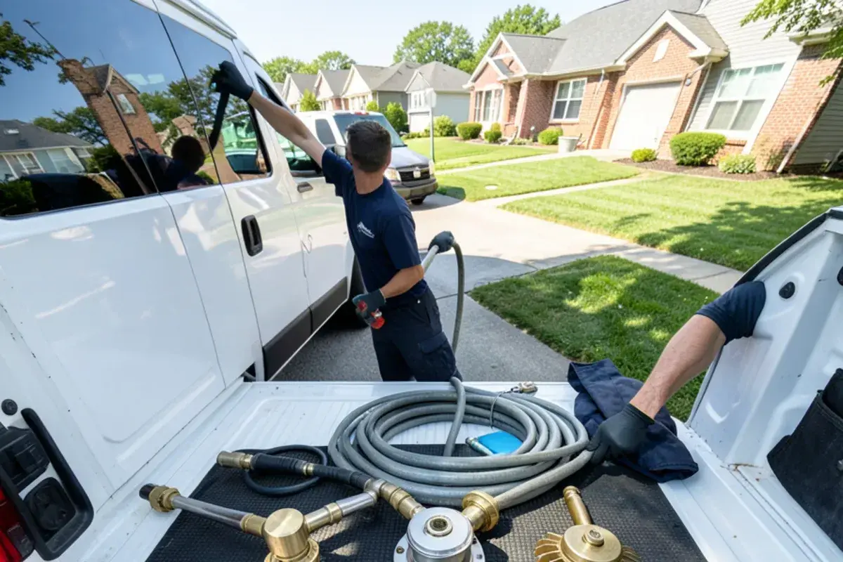 Three hydro jetting nozzles, including a rotating head and a root cutter, on a van tailgate