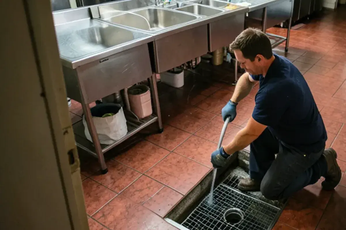 Commercial drain jetting at a stainless steel floor sink in a closed restaurant kitchen