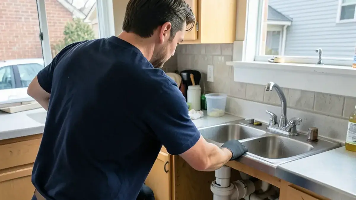 Plumber loosening the slip nut on a PVC trap under a double-bowl sink during kitchen plumbing repair in Macomb, MI