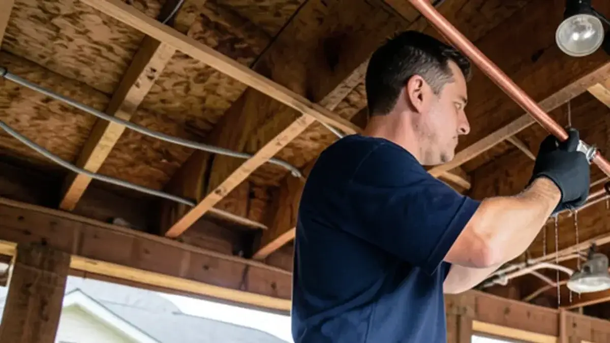 Plumber cutting a damaged section out of a copper water pipe in a Macomb County basement ceiling