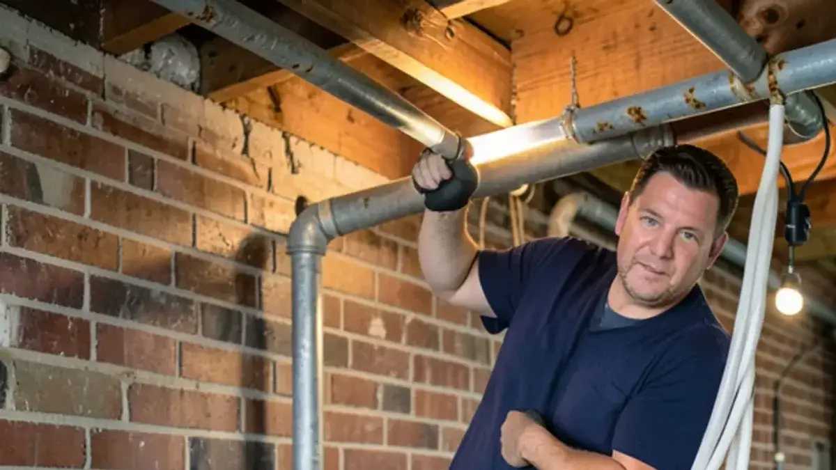 Plumber feeding new PEX tubing through basement joists beside old galvanized pipe during a Macomb County repipe