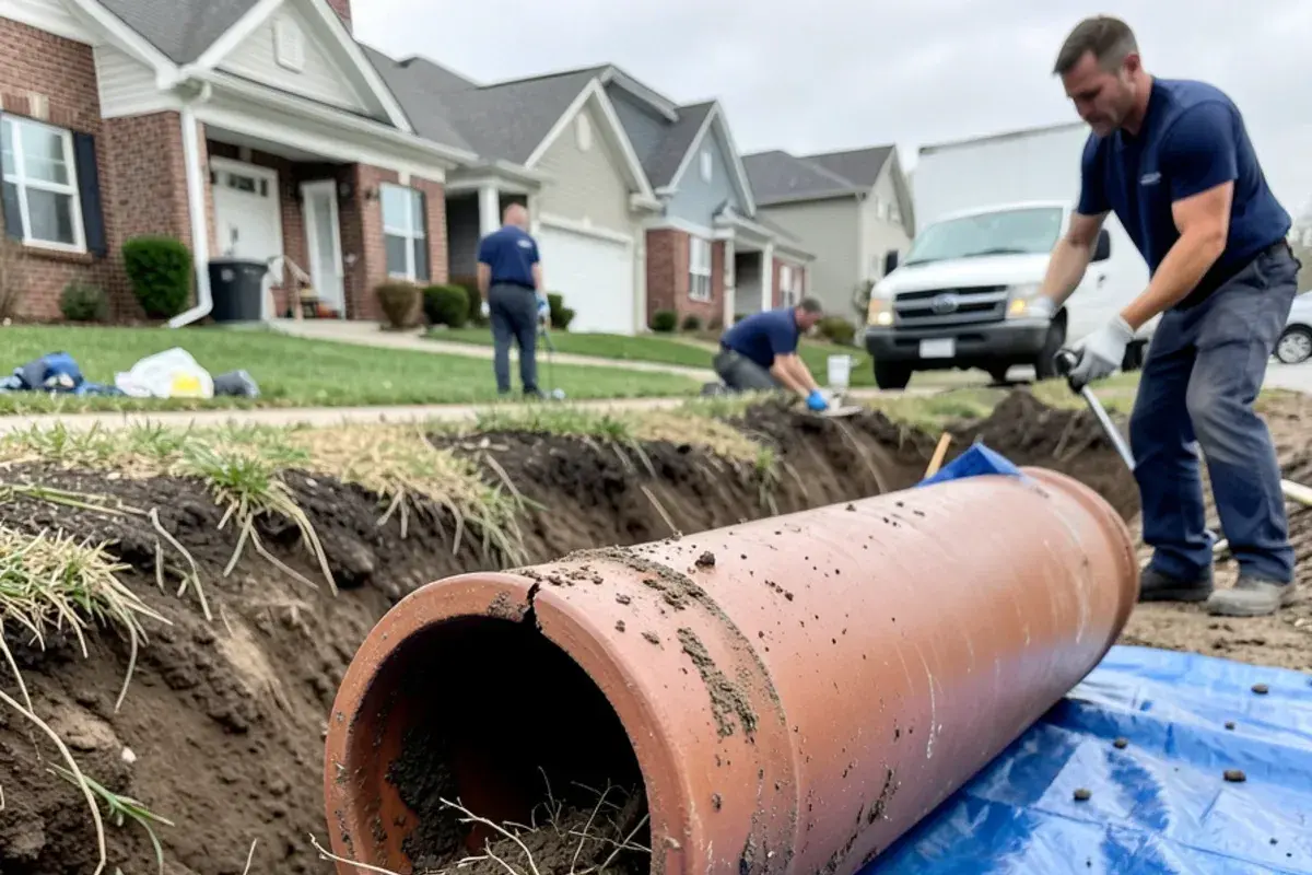 Section of old cracked clay sewer pipe with roots hanging from a broken joint, lifted out of a trench