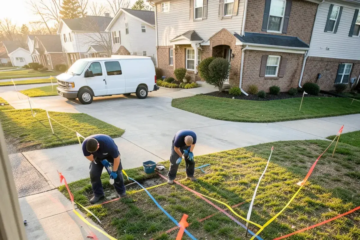 Utility marking flags and paint lines across a lawn and driveway edge before sewer lateral replacement