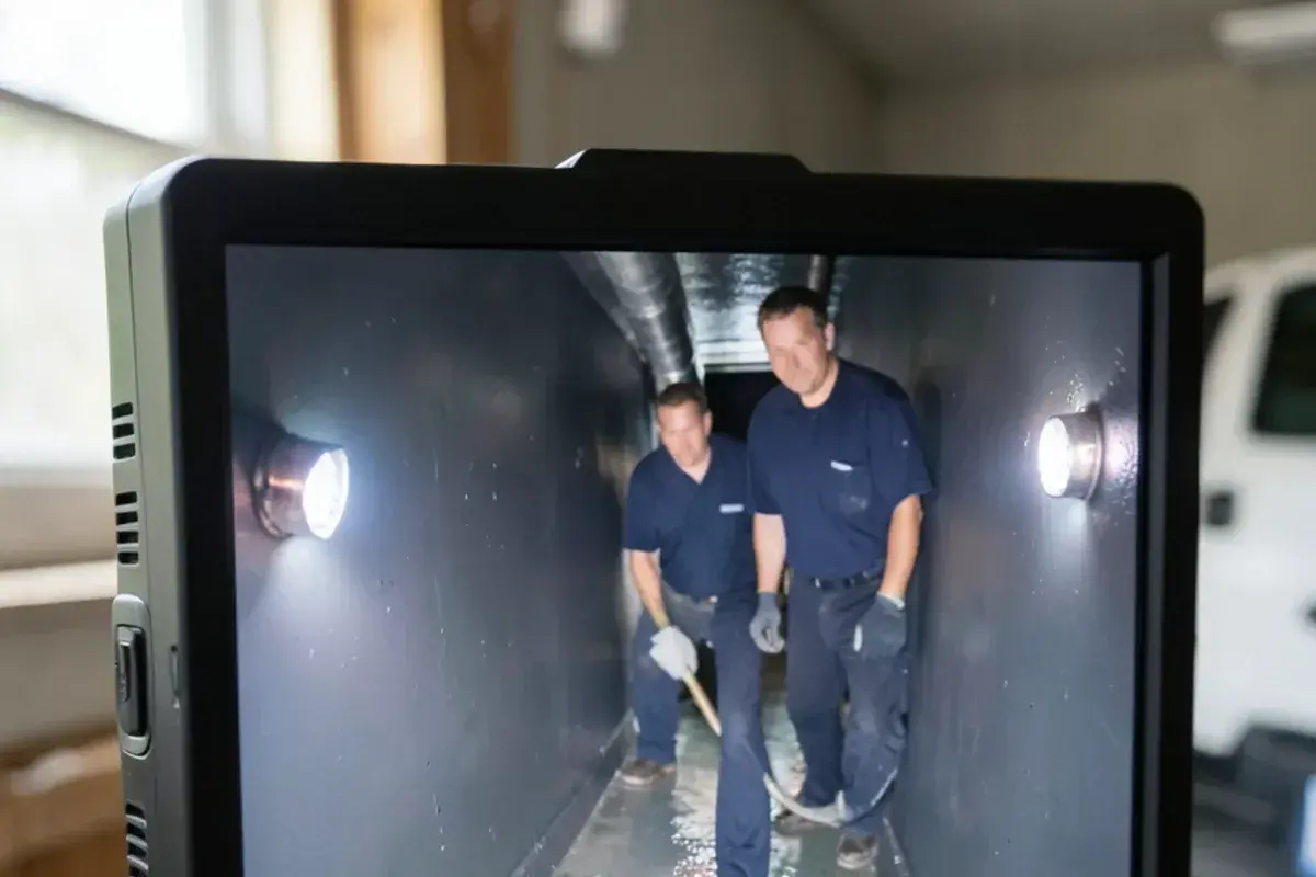 Camera monitor showing the smooth interior of a cured-in-place liner inside an old sewer pipe