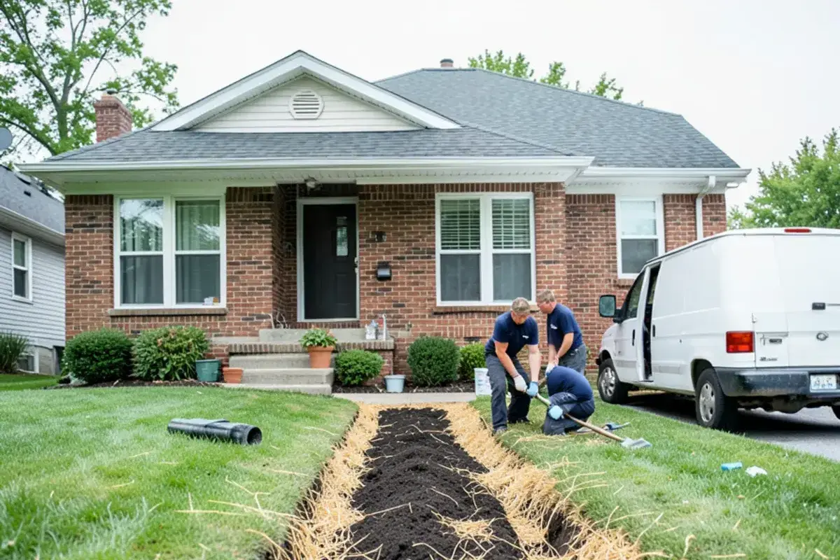 Backfilled sewer trench across a front lawn covered with topsoil, grass seed and straw
