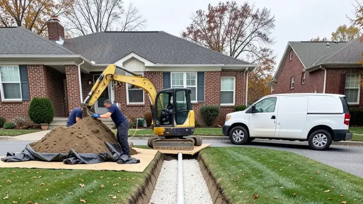 Trench across the front lawn of a brick ranch with new white PVC pipe on gravel bedding during a sewer line replacement in Macomb County