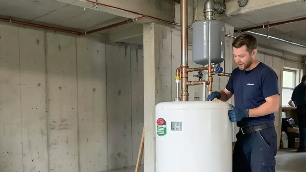 Newly installed gas tank water heater with an expansion tank and fresh copper piping in a Macomb basement