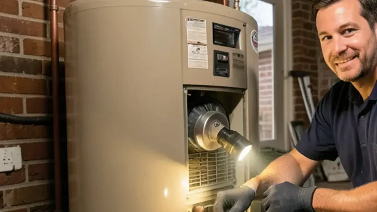 Plumber kneeling beside a gas water heater in an unfinished basement, shining a flashlight into the burner access
