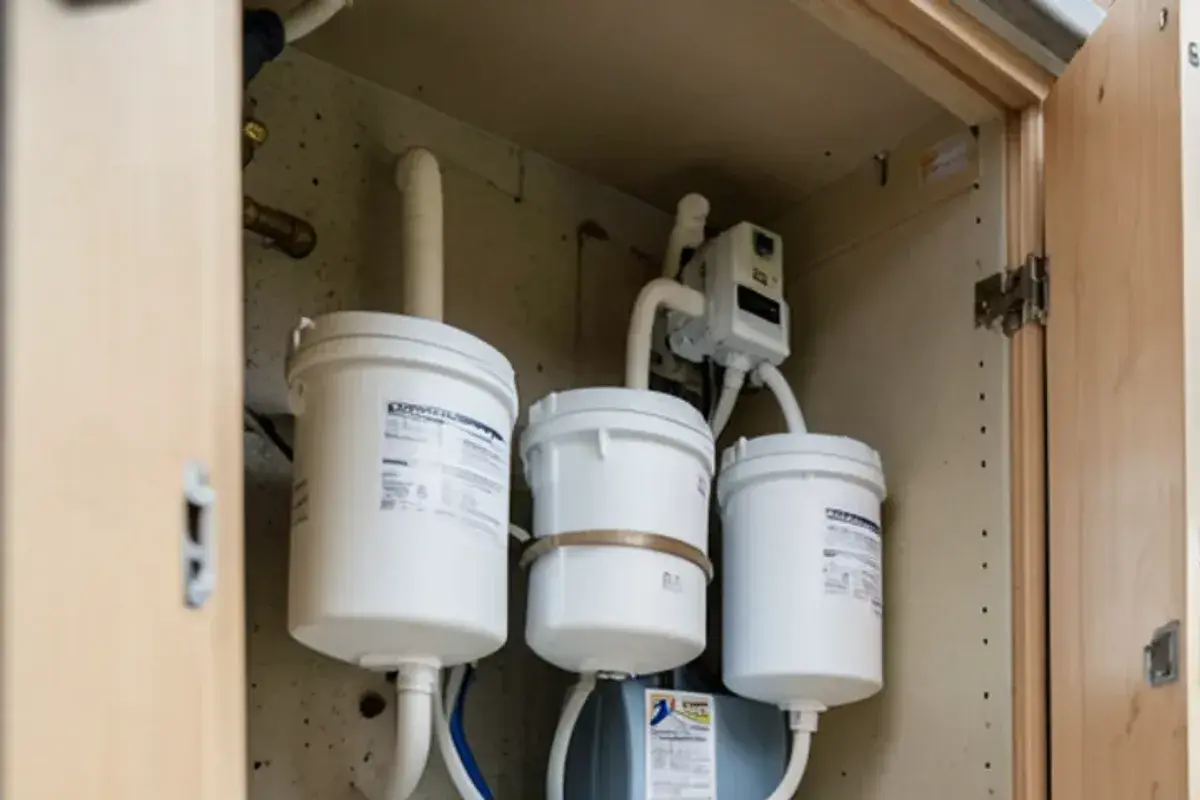 Reverse osmosis filter canisters and storage tank installed under a kitchen sink