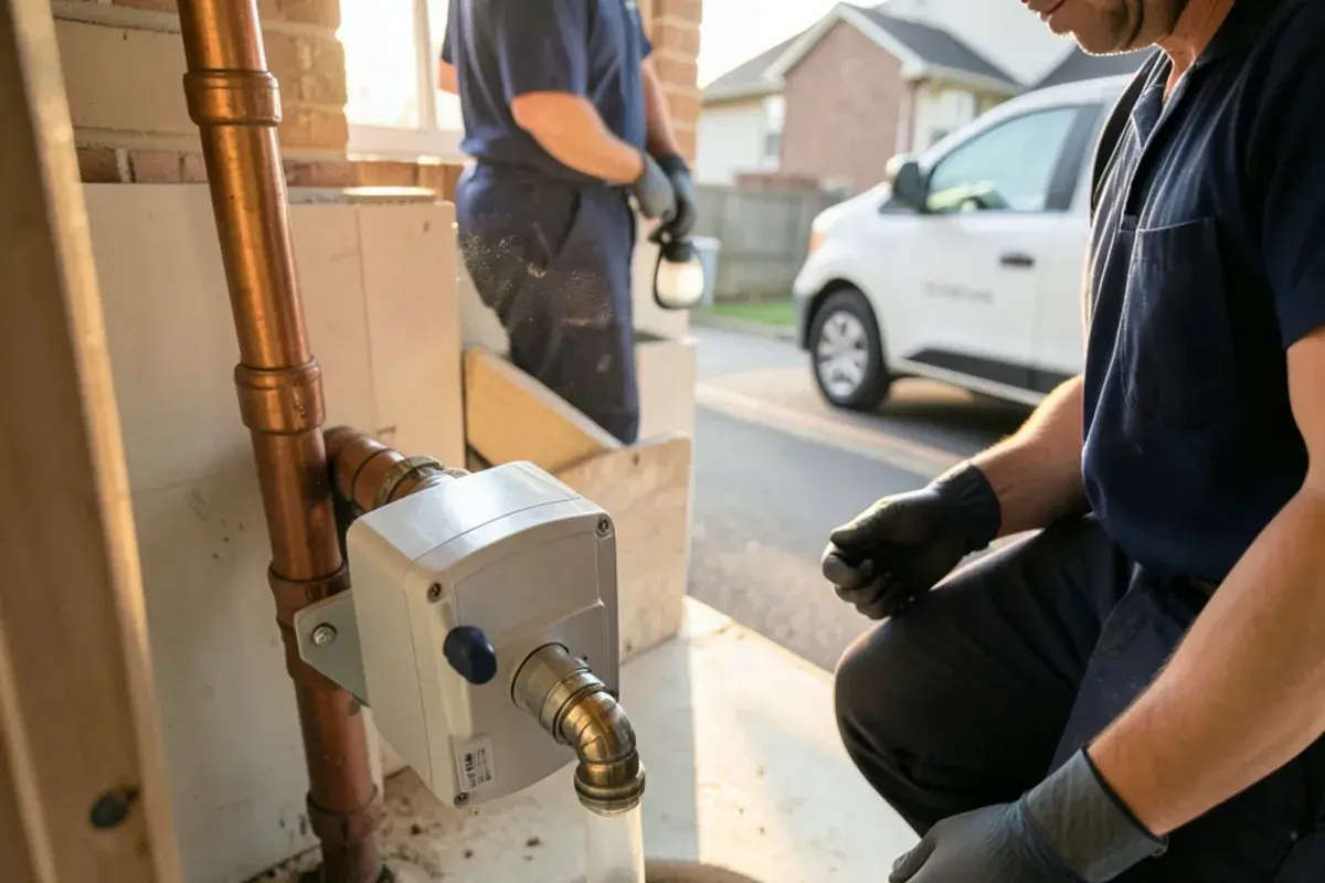 Softener control head bypass valve and a drain line ending above a floor drain with an air gap